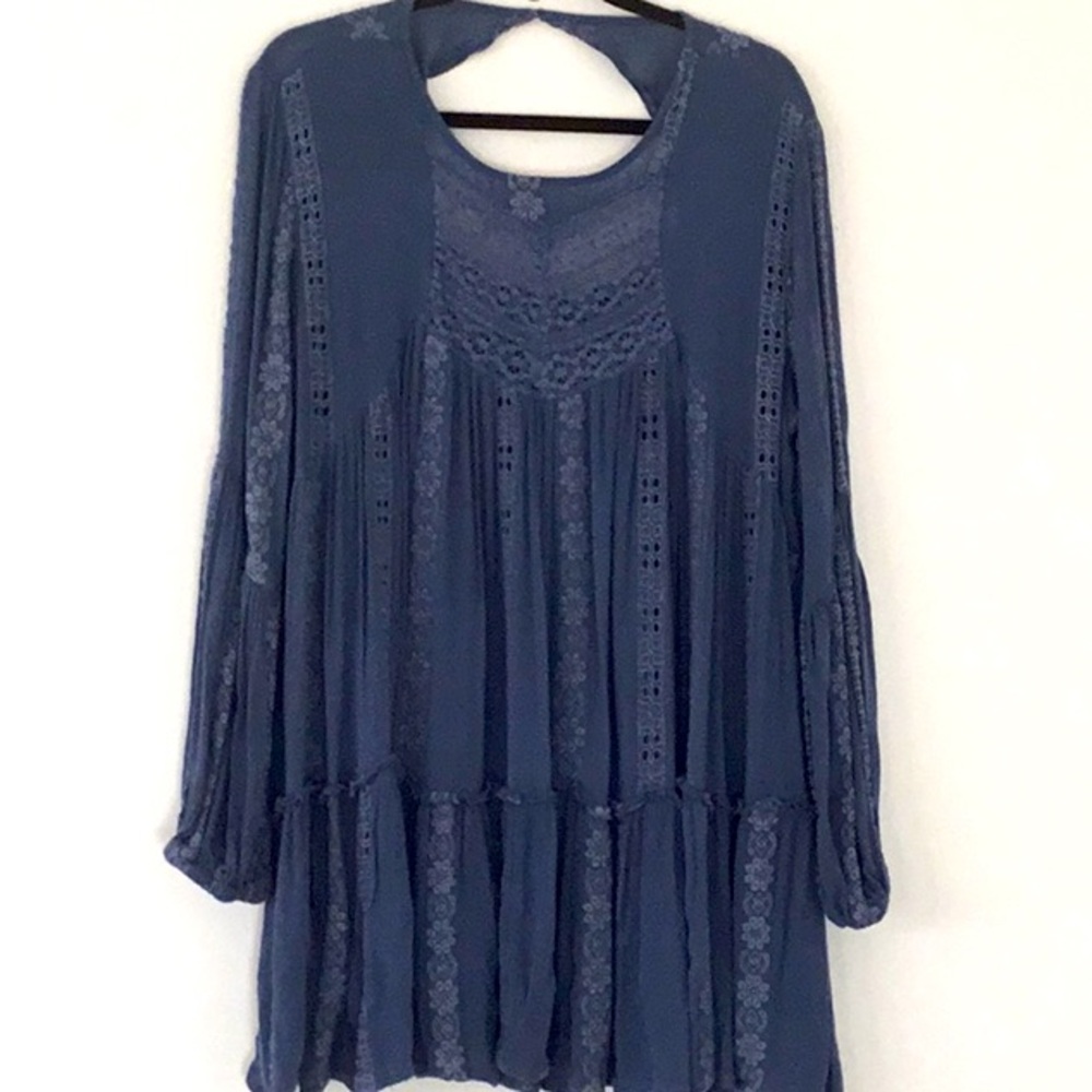 Free People KissKiss Blue Embroidered Lace Tunic Tiered Hem Dress Boho Fairy Y2K - Picture 2 of 5